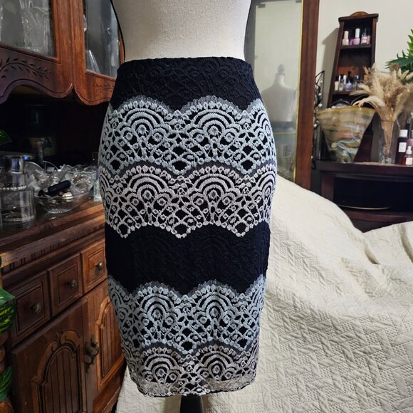 AQUA Brand Tri-colored Lace Overlay Lined Pencil Skirt - Picture 2 of 10